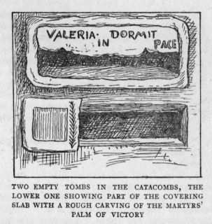 TWO EMPTY TOMBS IN THE CATACOMBS, THE LOWER ONE SHOWING PART OF THE COVERING SLAB WITH A ROUGH CARVING OF THE MARTYRS' PALM OF VICTORY